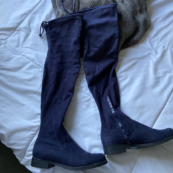 navy blue knee high leather boots